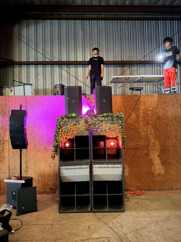 Wild West Soundsystem speaker stack in the warehouse